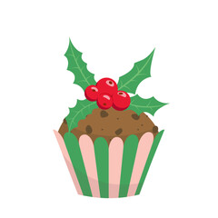 Christmas cupcake. Cake, berries, holly or ilex. Chocolate cupcake. Cartoon, vector