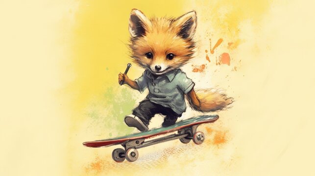  a painting of a little fox riding a skateboard with a hammer in its mouth and holding a hammer in its mouth, on a yellow background.  generative ai