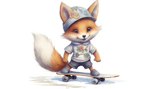  a painting of a fox on a skateboard wearing a hat and t - shirt with flowers on it's chest and tail, with wheels.  generative ai