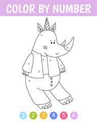 Color by number game for kids. Cute rhinoceros with balloon. Birthday coloring book. Printable worksheet with solution for school and preschool. Learning numbers activity.