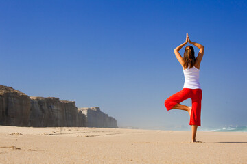 Beautiful young woman making Yoga exercises on the beach