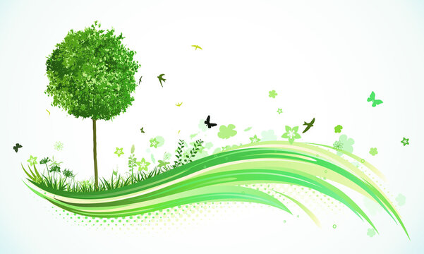 Vector illustration of green abstract lines background - composition of curved lines, floral elements and funky tree.