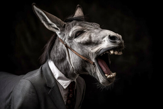 A donkey is laughing, dressed in a business suit, Generative AI
