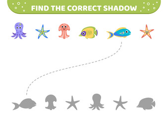 Sea animals. Find the correct shadow. Shadow matching game. Cute sea animal. Cartoon, vector