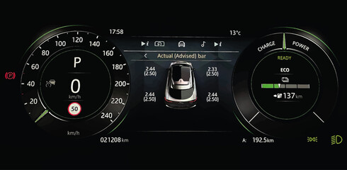 TPMS (Tyre Pressure Monitoring System) display on car dashboard panel. Checking tires pressures. Full digital car cluster with speedometer and odometer. Electric vehicle EV. Vector illustration.