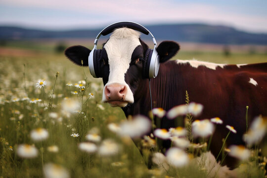A cow listens to music with headphones in a field, Generative AI