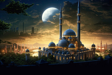 Naklejka premium Mosque at night, generative ai 
