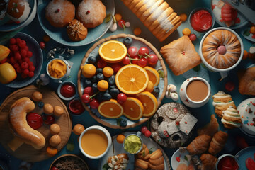 Obraz na płótnie Canvas View from above of a collection of Food and Drinks, especially coffee, fresh fruits and pastries