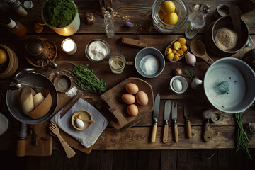 View from above of a wooden table with tools and kitchen utensils for cooking a cake