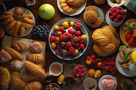 View from above of a collection of Food and Drinks, especially coffee, fresh fruits and pastries