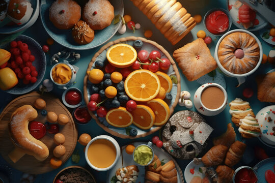 View from above of a collection of Food and Drinks, especially coffee, fresh fruits and pastries
