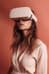 Futuristic technology concept of a young beautiful cyber girl with VR glasses, a beauty who lives and goes through virtual reality. Generative AI.