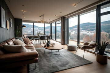 modern cozy bright apartment with large panoramic windows overlooking the mountains, Generative AI