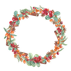 Watercolor wreath of sea buckthorn, star anise, cowberry, pine needles isolated on transparent background. Illustration for postcard design, invitation template, birthday, Christmas and New Year cards