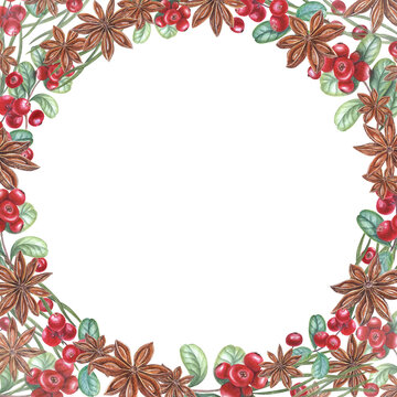 Watercolor frame of star anise, cowberry, pine needles. Beautiful combination of red berries, green leaves and brown star anise. Christmas, New Year cards
