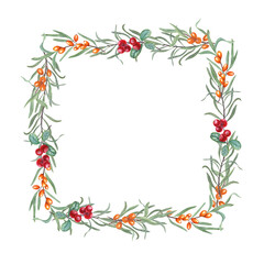 Watercolor rectangle frame of sea buckthorn, cowberries. Beautiful combination of red berries, green leaves and brown star anise. Christmas, New Year cards