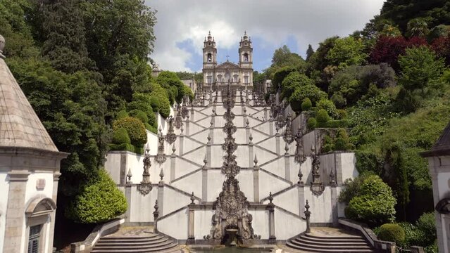 Aerial view of the Baroque stairway leading to the historic Sanctuary of Bom Jesus do Monte church in Braga, northern Portugal.