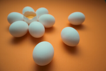 Flower shaped raw egg on orange background. Few white eggs, whole and broken egg half with a yolk isolated on a white background