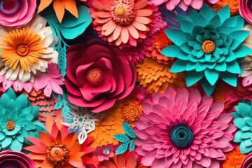 Digital illustration of a seamless tile pattern, colorful paper flowers, horizontal rectangle orientation, generative AI
