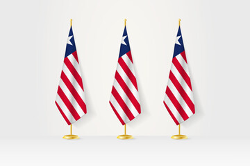 Three Liberia flags in a row on a golden stand, illustration of press conference and other meetings.