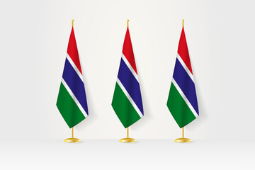 Three Gambia flags in a row on a golden stand, illustration of press conference and other meetings.