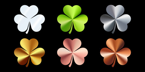 Set of clover leaf shaped holograms. Aluminum, silver, copper, brass, gold, bronze, pink gold color gradient. Multicolored metal texture.3d vector illustration on a black background.