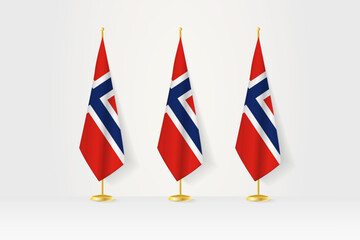 Three Norway flags in a row on a golden stand, illustration of press conference and other meetings.