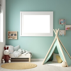 children's play room with a tee pee featuring a blank frame on the wall for placement of your artwork, wall is aqua blue color 