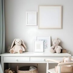childrens dresser mockup to display a single framed piece of artwork, drop in your own design, muted colors, white walls 