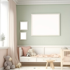 Fototapeta na wymiar mockup poster wall art displayed in a nursery room with a small bed and pastel green wall with pink furnishings, morning light is coming through the large window 