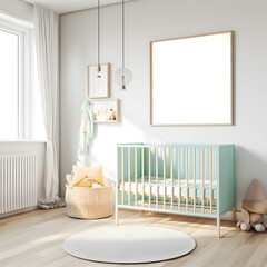 mock up wall art, poster, nursery room with a blue cot and morning sunlight streaming through, bright and airy with a large blank poster frame on the wall for adding in your own artwork if desired