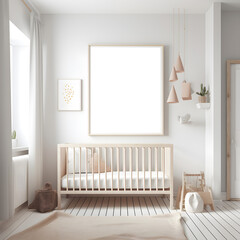 boy, girl, gender neutral,  Nursery room with a cot and morning sunlight streaming through, bright and airy with a large blank poster frame on the wall for adding in your own artwork if desired