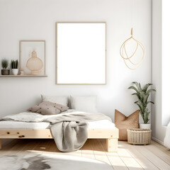 kids bedroom with a small bed and morning light coming through the large window, a large poster frame on the wall that is blank ready for your own artwork, designed for mock-up 