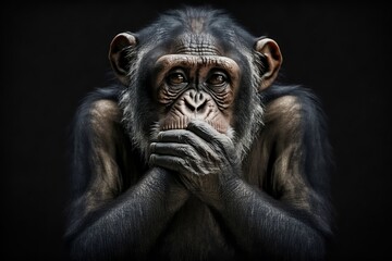 Mysterious Chimpanzee Hand on Face Against Dark Background. AI