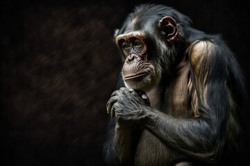 Mysterious Chimpanzee Hand on Face Against Dark Background. AI