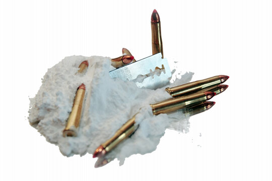 bullets and drugs showing a dangerous side to life against a white background