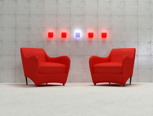 3d red armchair  with concrete wall and neon lamp -3d rendering
