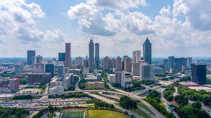 The downtown Atlanta skyline from above the Jackson Street Bridge on a sunny day