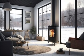 Modern Winter Retreat: Stylish Living Room with Functional Wood Burning Stove. AI
