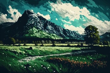 Green field with mountain backdrop depicted in a painting. AI