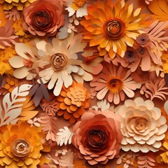 Fototapeta na wymiar Digital illustration of a seamless tile pattern, colorful paper flowers, autumn palette, square orientation, generative AI 