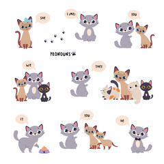 English Subject Pronoun with Funny Cat and Kitten Vector Set