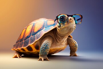 Turtle Tortoise Wearing Sunglasses, Isolated on Pastel Gradient Background. AI