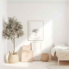 modern, bright toddlers room with a framed print on a white wall featuring a simple tree in muted tones matching the decor 