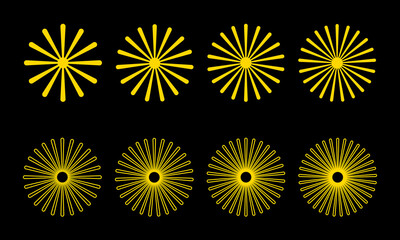 Collection of radial elements or sunbursts in golden color