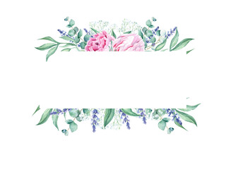 Watercolor horisontal frame, pink peonies, eucalyptus, gypsophila and lavender branches. Hand drawn botanical illustration isolated on white background. Can be used for wedding, greeting cards, baby