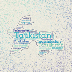 Obraz premium Tajikistan shape with country names word cloud in multiple languages. Tajikistan border map on superb triangles scattered around. Trendy vector illustration.