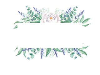 Watercolor horisontal frame, white peonies, eucalyptus, gypsophila and lavender branches. Hand drawn botanical illustration isolated on white background. Can be used for wedding, greeting cards, baby