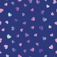 Fototapeta na wymiar Blue bright flowers seamless vector pattern. Hearts in purple, blue, and pink.