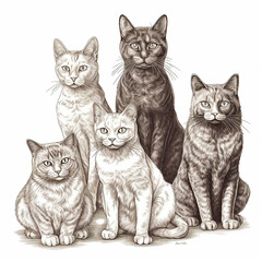 Different breeds of cats together on a white background, black and white drawing, vintage engraving style, felinological background, ai generative